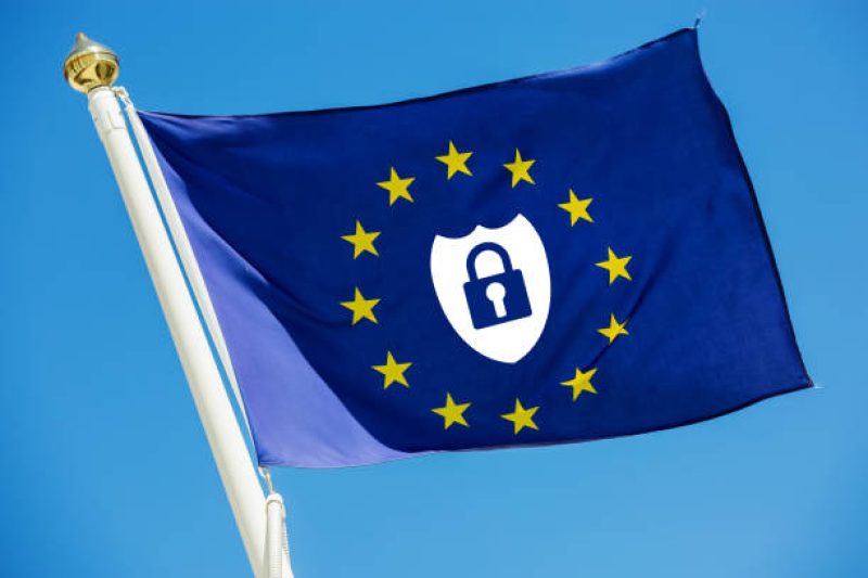 Real flag of European Union with safe icon about new european law inside